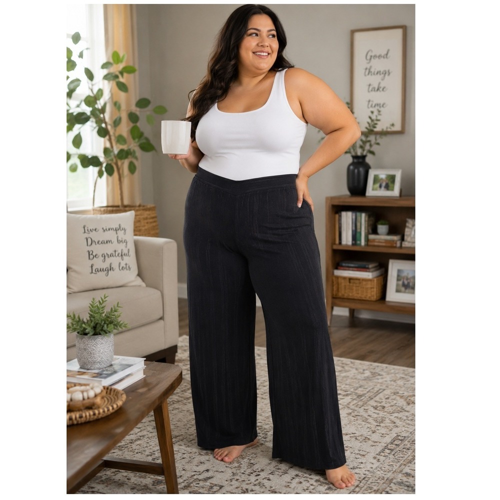 R&M Richards PLUS SIZE Black Wide Leg Pants Elastic Waist Slinky Knit Slacks
